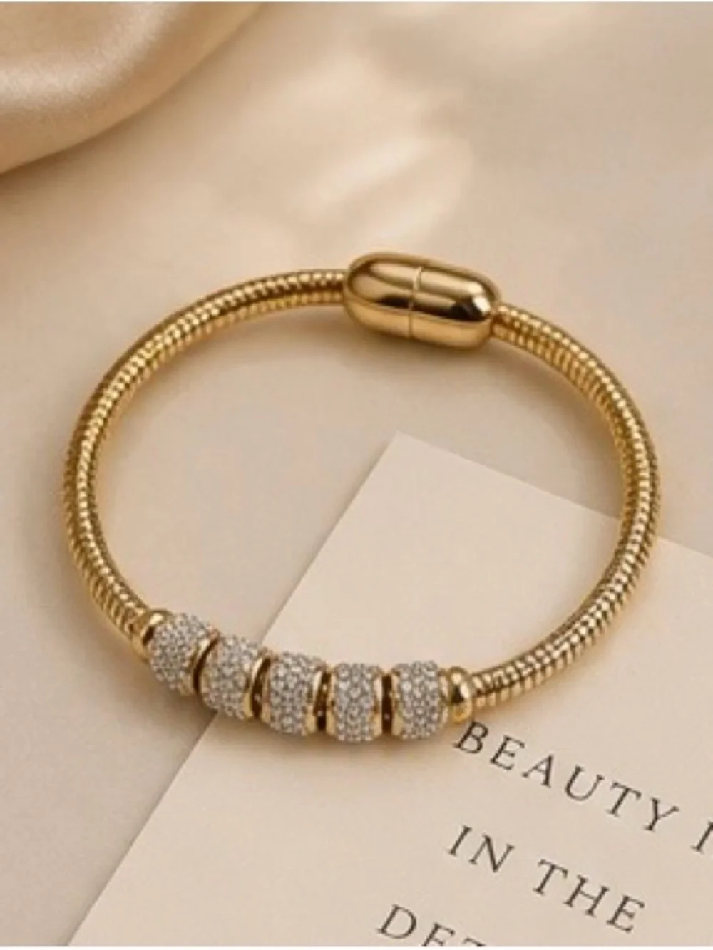 Elegant Gold Pave Bead Bangle Bracelet